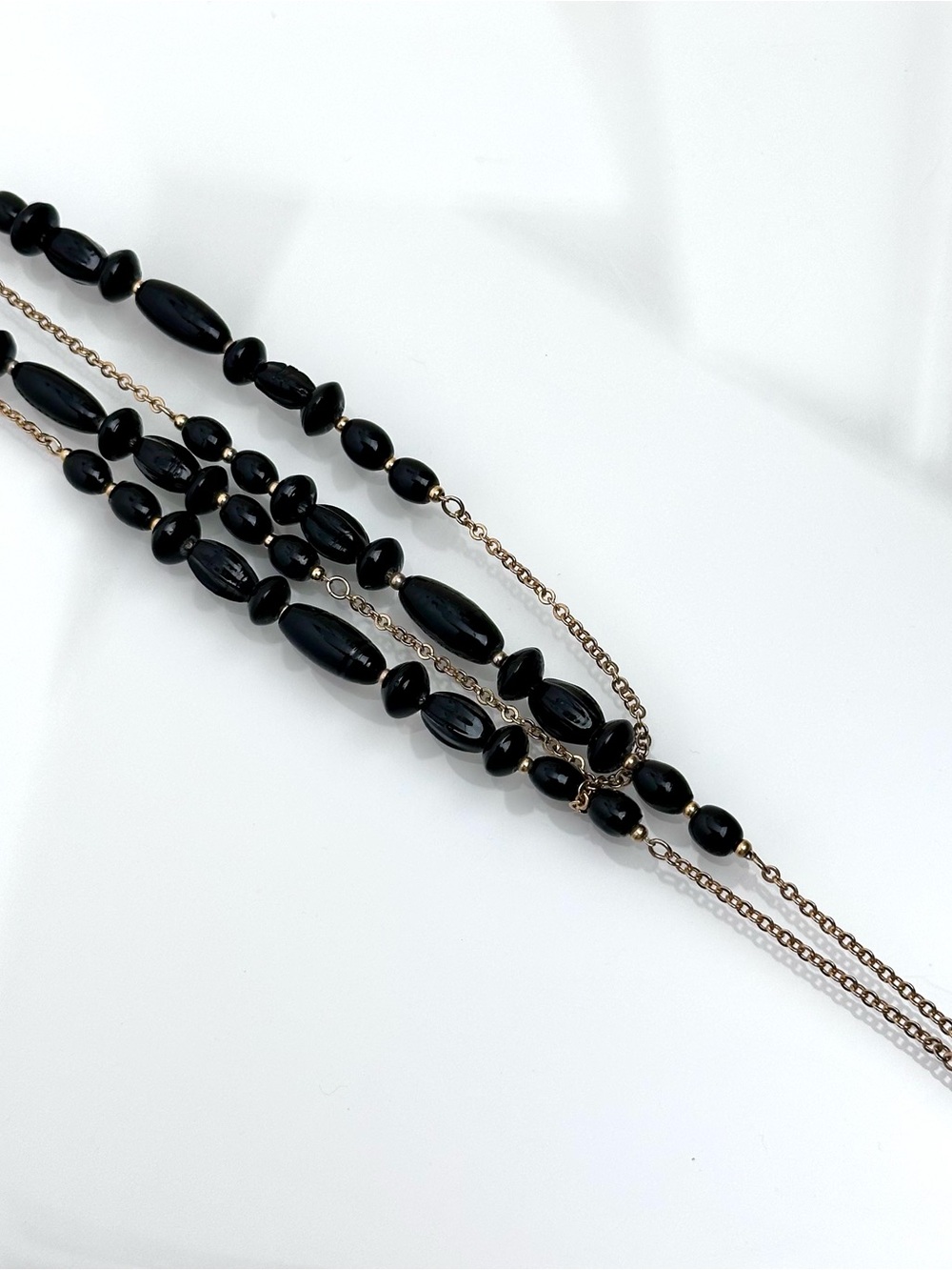 Vintage Black Glass Bead Double Strand Gold Tone Long Necklace